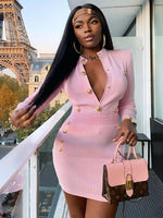 New Winter Style Sexy Long Sleeve Key Hole Button Pink Mini Women Bodycon Bandage Dress 2022 Elegant Evening Club Party Dress