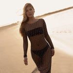 Fashion Sexy Hot Diamond Blouse Mesh Dress Perspective Pin Bead Sundress Wrap Hip Skinny Sheath Long Sleeve Beach Solid Dresses