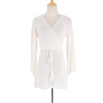 2023 Sexy Bikini Cover-ups Beach White Crochet Tunic Knitted Summer Mini Dress  Long Sleeves Women  Swim Suit Cover Up
