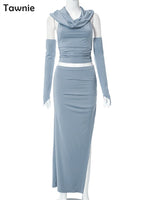 Tawnie Hooded Skirt Set Sexy Two Piece Set Long Skirt And Crop Top Backless Off Shoulder Split Summer Fashion Women Slim Vestido