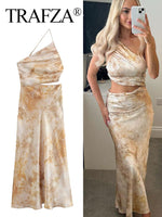TRAFZA Women Summer New Casual Fold Tie-dye Sexy Dress Sleeveless Diagonal Collar Printed Backless Holiday Long Dresses Vestidos