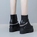 Spring Autumn Winter New Slim Height Increasing Platform Metal Chain Genuine Leather Women High-top Short Modern Trouser Boots