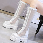 Summer New European America Style Height Increasing Platform Rivet Cut Out Mesh Genuine Leather Women Knee-High Long Boots 0704