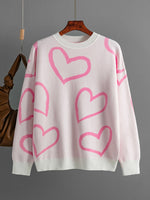 Heart Print Knitted Sweaters Women Winter Warm Oversize Thick Pullovers Female Casual Aesthetic O Neck Jumper Ladies Sueter
