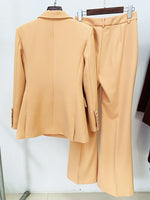 HIGH STREET Newest 2023 Designer Suit Set Women's Career Fashion Double Breasted Blazer Flare Pants Suit 2pcs