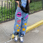 European American New Women'S Jeans 2023 Fashion Low Waist Retro Print Pants Slim Straight Denim Trousers For Women Loose Jeans