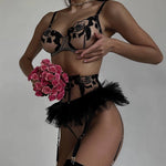 4-Piece Fancy Lingerie Floral Lace Bra Ruffle Garter Luxury Erotic Outfit Sexy Crotchless Panties Sensual Underwear