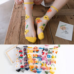 Flower Embroidery Crystal Silk Socks Summer Ultra-Thin Transparent Women Socks Mesh Fishnet Lace Harajuku Retro Crew Socks Women