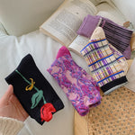 New Purple Socks Women Ethnic Embroidery Harajuku Crew Socks Japanese Korean Fashion Vintage Streetwear Kawaii Long Socks Women