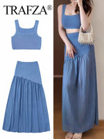 TRAFZA Women Fashion Blue Knitted Skirts Suit Vest Top+ Vintage Elastic Waist Pleated Skirt Elegant Woman Chic Set Streetwear