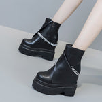 Spring Autumn Winter New Slim Height Increasing Platform Metal Chain Genuine Leather Women High-top Short Modern Trouser Boots