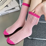 New 2023 Summer Women Socks Hollow Out Mesh Thin Breathable Cotton Long Socks Casual Fashion Solid Color School Girls Crew Socks