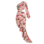 New Pink Flowers Color Women Sexy One Shoulder Bodycon Long Dress Summer Vacation Beach Party Celebrate Dress Wholesale