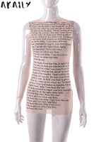 Akaily Summer Mesh See Through Letter Print Tops For Women 2023 O Neck Sleeveless Tops Street Bodycon Flesh Tee  Shirts Female
