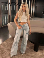 TRAFZA Women 2023 Fashion Solid Color Jeans Lace up With Pocket Wide Leg Jeans Female Casual Loose Straight Denim Trousers Woman