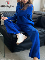 Women Sweater Suits Knitted Oversized Tracksuit Casual Long Sleeve Pullover High Waist Straight Pants Two Piece Sets Women 2023