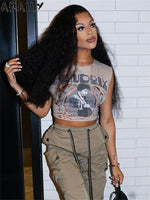 Akaily Summer Graphic Crop Off Shoulder  Tank Top For Women 2023 Streetwear Y2k Fashion Sleeveless Tops Casual Vacation Tees