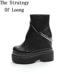 Spring Autumn Winter New Slim Height Increasing Platform Metal Chain Genuine Leather Women High-top Short Modern Trouser Boots