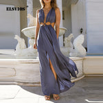 Casual Irregular Solid V Neck High Waist Vestidos Sexy Sleeveless Hollow Out Maxi Dress Women Summer Elegant Split Party Dresses