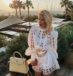 New fashion openwork stitching stand-up collar shirt+mini ladies shorts suit with heavy belt