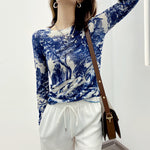 Female O-neck Skinny Elegant Fashion Full T-shirts Floral Comfortable Elasticity Graceful Spring Autumn Women's Clothing 2022