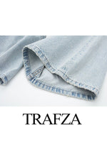 TRAFZA Women 2023 Fashion Solid Color Jeans Lace up With Pocket Wide Leg Jeans Female Casual Loose Straight Denim Trousers Woman