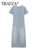 TRAFZA 2023 Summer Zip Slit Jean Short Sleeve  Long Dresses Women Streetwear Female Dress Woman Denim Dress