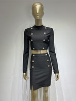 Women Spring Sexy Long Sleeve Turtleneck Button Black Mini Bodycon Skirt Bandage Set 2023 Elegant Evening Club Party Outfits