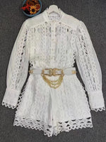 New fashion openwork stitching stand-up collar shirt+mini ladies shorts suit with heavy belt