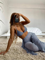 Gossina 2022 Thin Mesh Mini Bikinis Women Cover Up Tassel Long Pants Vintage Grey Beach Bathing Suit Women Swimsuit Wrap Bikinis