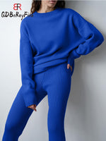 Women Sweater Suits Knitted Oversized Tracksuit Casual Long Sleeve Pullover High Waist Straight Pants Two Piece Sets Women 2023