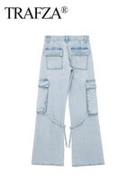 TRAFZA Women 2023 Fashion Solid Color Jeans Lace up With Pocket Wide Leg Jeans Female Casual Loose Straight Denim Trousers Woman