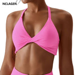 NCLAGEN Yoga Sports Bra Women's Halter Crop Tops Push-up Medium Support Crossover Tight-fitting Exercise Running Fitness Bikini