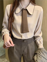 Zoki Japan Sweet Tie Casual Shirt Women Fashion Preppy Style Long Sleeve Blouse Korean All Match Female Solid Color Chic Tops