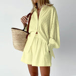 2023 New Beach Shirt Shorts Two-Piece Set Women Summer Casual Tracksuit Female Loose Long Sleeve Top Suit Lounge Wear Homewear