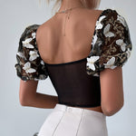 Yimunancy Boho Bufferfly Embroidery Puff Sleeve Top Women V Neck Summer Backless Short Sleeve Sexy Cropped Top Blouse