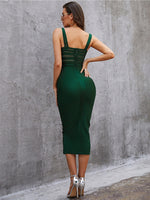 Solid Nude Women Summer Sexy Sleeveless Backless V Neck Green Mesh Midi Bodycon Bandage Dress Elegant Evening Party Dress