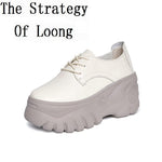 Summer New Korean Style Leisure Slim Super High Heels Platform Breathable Hollow Cross-tied Genuine Leather Women Casual Pumps