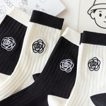 Japanese Embroidered Flowers Trendy Black Mid-tube Socks Korean Niche Retro All-match Sports Cotton Socks