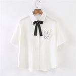 Women White Blouses Shirts Short Sleeve Print Rabbit Lapel 2023 Summer Tops Female Clothing Preppy Style JK Uniform Blusas