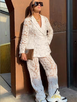 INS Fashion Lace Crochet Blazer Suit for Women Two 2 Piece Set Outfits Autumn Clothing Blazer Top and Pants Suit CHIC Woman Sets