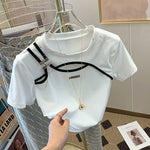 White Openwork Short Sleeve T-shirt Women's Summer 2023 New High Waist Niche Unique Special Short Large Size Top Ins Y2k Top