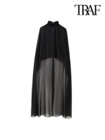TRAF Women Fashion Asymmetric Gauze Semi-sheer Cape Coat Vintage High Neck Back With Button Female Outerwear Chic Clothing
