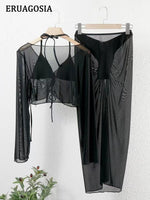 Sexy Black Bikinis Sets 4 Pieces Swimsuit Women Swimwear Beach Dress Female Bikini Cover Ups Bathing Suit Brazilian Biquinis