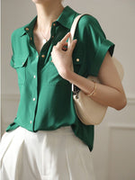 2022 Summer Blouses Shirts Women Short Sleeve Tops Solid Lapel Pockets White Shirts Office Lady Korean Female Clothing Blusas