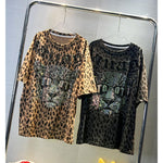 Summer Leopard Hot Diamond T-shirt Women Oversized Street Fashion Y2k Chic Pullovers Female Printed Short Sleeve Tops