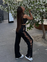 TARUXY Knitted Slit Hollow Sweatpants Women Solid Tie High Waist Loose Summer Trousers For Ladies Casual Streetwear Pants Woman