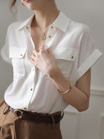 2022 Summer Blouses Shirts Women Short Sleeve Tops Solid Lapel Pockets White Shirts Office Lady Korean Female Clothing Blusas