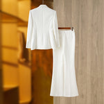 2023 New White Color Women Long Sleeve Pearl Beading Single Button Slim Office Lady Women's Set Celebrity Red Carpet Wear