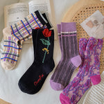 New Purple Socks Women Ethnic Embroidery Harajuku Crew Socks Japanese Korean Fashion Vintage Streetwear Kawaii Long Socks Women